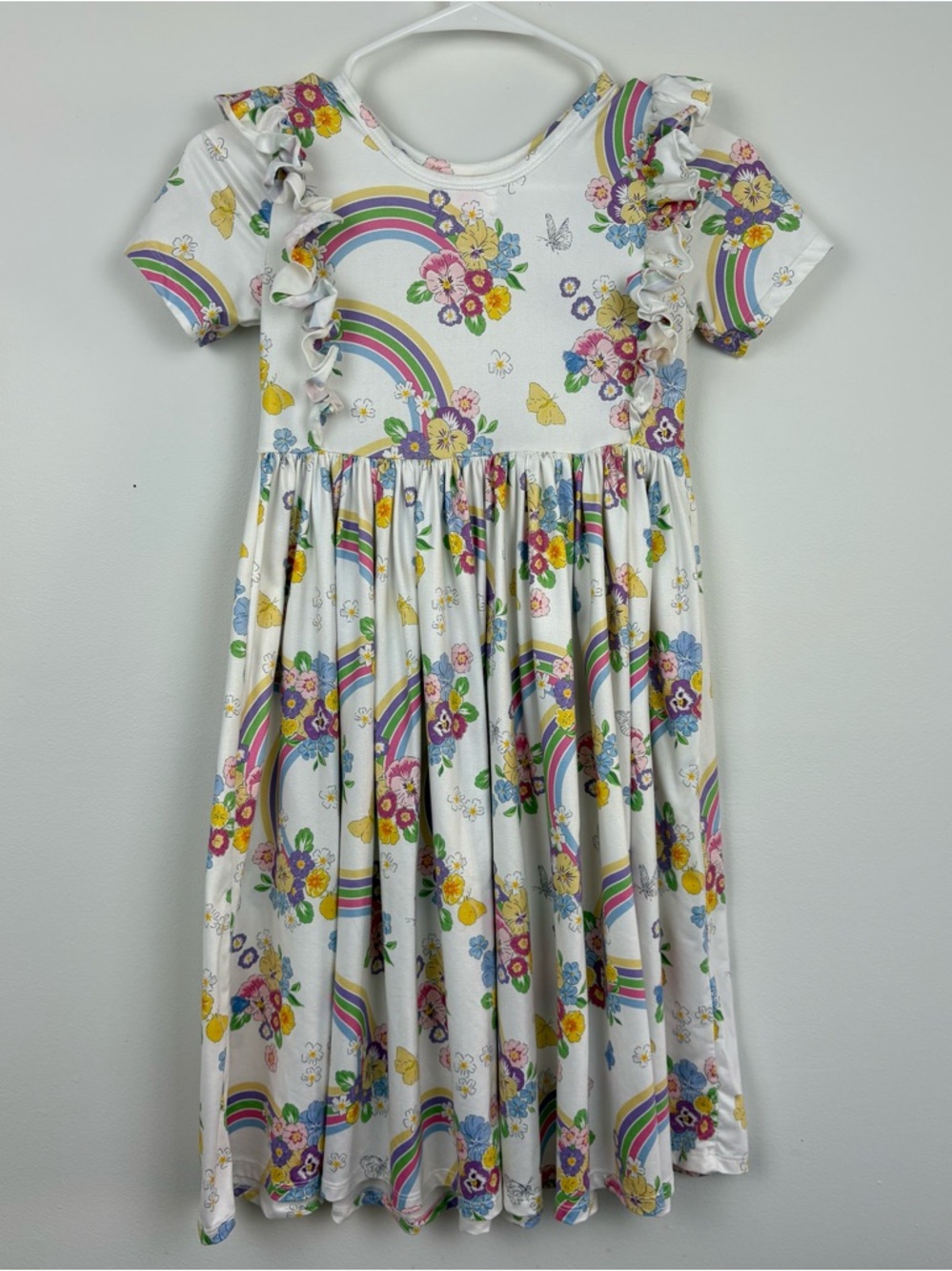 Mila & Rose White Rainbow & Floral Ruffle Sleeve Dress size 9-10 Like New - Picture 3 of 8